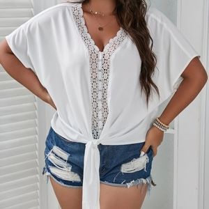 Shein curve Contrast Guipure Lace Tie Front Dolman Sleeve Blouse